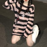 Fashionkova party look inspos Karrram Pink Striped Gothic Sweaters Women Ripped Holes Loose Knitted Pullover Frayed Fairy Grunge Jumpers Emo Streetwear Lolita