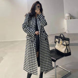 Fashionkova party look inspos Fashion Houndstooth Faux Wool Jacket Women Autumn Korean Elegant Single Breasted Long Overcoat Winter Thick Warm Blend Outwear