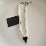 Fashionkova Punk Gothic Red Glass Cross Heart Pendant Pearl Necklace For Women Men Hip Hop Y2K 90s Short Choker Charms Jewelry Accessories