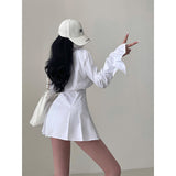 Fashionkova party look inspos Chelly Solid Color Slim Long Sleeves Shirt Pleated Button Up Waist Short Mini Dress