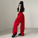 Fashionkova Party Outfit American Workwear Pants Women Loose Solid Elastic High Waist Drawstring Pockets Versatile Trend Sports Casual Wide Leg Trousers