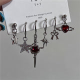 Fashionkova 6PCS Gothic Red Crystal Heart Cross Star Pendant Earrings Set For Women Men Trend Punk Grunge Y2K Aesthetic Jewelry Accessories