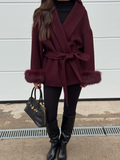 Fashionkova party look inspos Women Burgundy Patchwork Faux Fur Woolen Coat Elegant V-neck Lace Up Belt Jackets 2024 Autumn Winter Lady High Streetwear