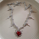 Fashionkova Red Thorn Heart Patchwork Star Cross Tassel Pendant Chain Necklaces Women Men Goth Punk Hip Hop Party Grunge Y2K Jewelry Gifts