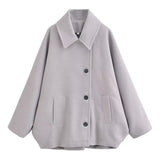 Fashionkova Party Outfit Casual Lapel Diagonal-breasted Coat Women Autumn Loose Solid Pockets Woolen Coats Female Winter Elegant Chic Street Outwear