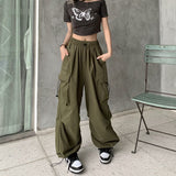 Fashionkova Party Outfit Women Casual Baggy Cargo Pants Solid Low Waist Joggers Tech Pants Drawstring Wide Leg Baggy Trousers Y2K Streetwear Sweatpants