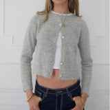 Fashionkova Women's Y2K Elegant Solid Color Fuzzy Knitwear Tops Long Sleeve Button-down Round Neck Cropped Cardigan Sweater Coats fairycore