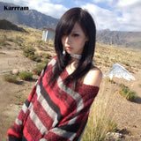 Fashionkova Y2k Aesthetics Off Shoulder Pullover Grunge Gothic Red Striped Sweater Japanese Harajuku Loose Knit Tops American Retro Spring Style 2025
