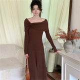 Fashionkova  party look inspos Elegant Slash Neck Sexy Hollow Knitted Dress for Women  Autumn Bow Off Shoulder Sweater Long Dresses Solid Chic Ladies Vestidos