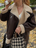 Fashionkova party look inspos Women Faux Lamb Fur Leather Short Jacket Lapel Zipper Bomber Outwear Faux Suede Lapel Coat Warm Biker Motor Aviator Coat