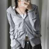 Fashionkova Hooded Gray Streetwear Slim Coats Women Striped Patchwork Y2K Jacket Double Zipper Retro Sweatshirt Casual Long Sleeve Outerwear