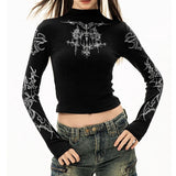 Fashionkova party look inspos Grunge Women T-Shirt Y2k Aesthetics Half high neck Tees Graphical Print  Long Sleeve Sheer Tops Punk Alternative Crop Tops EMO