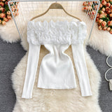 Fashionkova Women Elastic Knit Off Shoulder Chic Floral Sexy Blouse Korean Fashion Slim Sweater Women Casual Autumn Winter Top Outfit Ideas