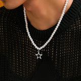 Fashionkova Simple Handmade Imitation Pearl Beaded Short Necklace Men's Fashion Rhinestone Star Pendant Choker Punk Party Jewelry