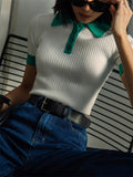 Fashionkova Tossy Summer Knitwear Sweater Pullover Top For Women Ribbed Lapel Short Sleeve Cropped Top Vest Patchwork Female Knit Pullovers Casual Outfit