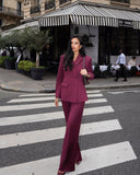 Fashionkova party look inspos Wine Red Women Suit Jacket Long Pants Set Fasion 2 Pieces Slim Chic Bevel Buckle Formal Wear Female New Party Commute Office