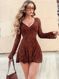 Fashionkova  Nye Outfit Tossy Autumn V-Neck Lace Mini Dress Female Patchwork See-Through Fashion Elegant Hollow Out Party Dress Women's 2025 New Dress