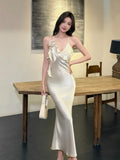 Fashionkova Spring Summer New Lace Up Ruffle Edge Elegant Fishtail Maxi Dress Backless Bodycon Fit Gown Long Dresses  Party Club Vestidos Outfit Ideas