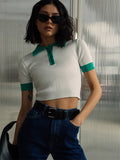Fashionkova Tossy Summer Knitwear Sweater Pullover Top For Women Ribbed Lapel Short Sleeve Cropped Top Vest Patchwork Female Knit Pullovers Casual Outfit