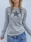 Fashionkova party look inspos Gray Stripe Star Print Casual Y2K Pullover Tee O Neck Basic Slim Long Sleeve Spring Autumn T Shirt Women Preppy Streetwear