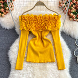 Fashionkova Women Elastic Knit Off Shoulder Chic Floral Sexy Blouse Korean Fashion Slim Sweater Women Casual Autumn Winter Top Outfit Ideas