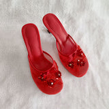 Fashionkova Summer mesh flower beads women slides sexy thin heel sandals ootd outfit idea