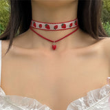 Fashionkova Ingemark Kpop Sweet Imitation Pearl Chain Strawberry Pendant Necklace for Women Wed Bridal Love Heart Choker Aesthetic Jewelry