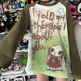Fashionkova party look inspos Y2k Clothes Cartoon Star Graffiti Print Punk T-shirt Green Raglan Sleeves Loose Casual Aesthetic Long Sleeve Top Grunge Y2k