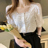 Fashionkova Vintage Hook Hollow Flower Tops Elegant Lace Shirt Elegant Women Clothes Summer Square Collar Short Sleeve Blouse Blusas 13934