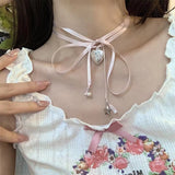 Fashionkova Gothic Cute Y2K Stainless Steel Bow Heart Pink Cross Pendant Beaded Pearl Snake Chain Necklace For Egirl 2000s EMO Acssesories