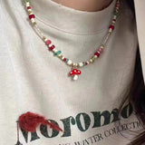 Fashionkova Fashion Cute Bird Mushroom Pendant Colorful Beads Retro Clavicle Chain Necklaces For Women Girl Aesthetic Exquisite Jewelry Gift