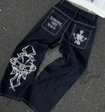 Fashionkova American Y2K New Fashion Pattern Embroidery Loose Jeans Men Street Casual Joker Mopping Oversized Wide-leg Pants Couple Jeans Casual Outfit
