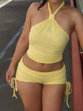 Fashionkova Holiday Sexy Bandage Shorts Sets Beach Style Slim 2 Piece Sets Halter Sleeveless Crop Tops Low-Waisted Drawstring Shorts