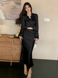 Fashionkova  party look inspos Korea Style Elegant 2 Piece Set Women Autumn Sexy V-neck Lace Patchwork Shirt Top Slim Waist Mermaid Skirt Suit Female Outfit