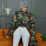 Fashionkova Street Women Camouflage Zipper Puffer Jacket Hollow Out Sleeve Camo Bubble Coats Stand Collar Collect Waist Parkas Down Jacket Valentine's Day Aesthetic