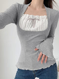 Fashionkova party look inspos y2k Lace Patchwork Fake Two Piece T-shirt Flare Long Sleeve Tops Spring Casual Kawaii Clothes Korean Shirt