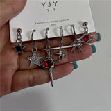 Fashionkova 6PCS Gothic Red Crystal Heart Cross Star Pendant Earrings Set For Women Men Trend Punk Grunge Y2K Aesthetic Jewelry Accessories