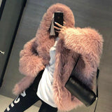 Fashionkova Fashion Hooded Faux Fox Fur Jacket Women Winter Warm Furry Jackets New Streetwear Loose Casual Gray Coats Female Outerwears ootd