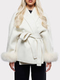 Fashionkova party look inspos Women Burgundy Patchwork Faux Fur Woolen Coat Elegant V-neck Lace Up Belt Jackets 2024 Autumn Winter Lady High Streetwear
