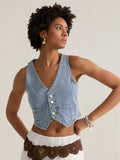 Fashionkova Fashion Cropped Jeans Waistcoats Women's Sleeveless V Neck Button down Denim Vests for Streetwear Basics Tank Tops Fairycore