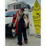 Fashionkova Womens Blue Vintage Suspender Jeans Fashion Pocket Baggy Straight Pants Streetwear Casual Wide Leg Denim Trouser Ladies Autumn