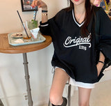 Fashionkova Vintage V-Neck Logo Graphic Oversized Sweatshirt