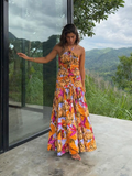 Fashionkova Halter Pleated Print Women Dresses Sleeveless Backless High Waist Lady Maxi Dress 2025 Spring A-line Holiday Beach Female Robes ootd