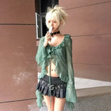 Fashionkova Japanese Y2k Lace Shirt Vintage 2000s Style Ruffles Blouses Grunge Aesthetics Irregular Green Shirts American Retro 90s Spring Style 2025