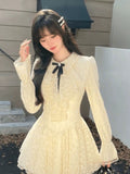 Fashionkova  party look inspos French Vintage Princess Lace Mini Dresses for Women Bow Flare Sleeves Ruffles A-line Birthday Party Kawaii Mini Vestidos New