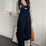 Fashionkova  Party Outfit  Fashion New Applique Flower Denim Jumpsuits Women Korean Loose Straight Wide Leg Overalls One Piece Outfit