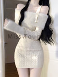 Fashionkova  party look inspos Sexy Knitted New One Piece Dress Women Off Shoulder Sweet Vintage Y2k Mini Dress Female Korean Fashion Chic Sweater Dresses 2024