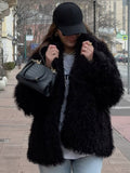 Fashionkova Elegant Solid Color Thick Faux Fur Coats Women Round Neck Long Sleeve Short Warm Jacket 2024 Winter New High Street Lady Outwear ootd