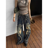 Fashionkova party outfit  Women's Blue Gothic Y2k Cargo Jeans Harajuku 2000s Trashy Ripped Denim Trousers Streetwear Baggy Jean Pants Vintage Emo Clothes