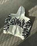 Fashionkova High Street Harajuku Retro Letter Graffiti Print Zipper Hoodie Men Y2k Gothic Hip Hop Punk Casual Oversized Sweatshirt Women
